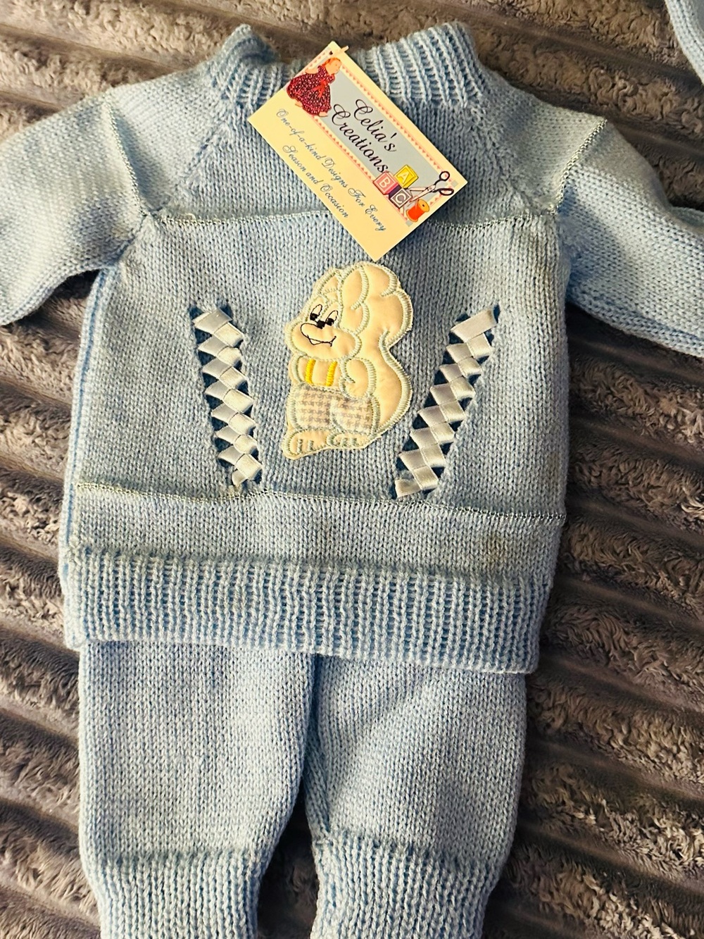 Soft Knit Blue Kids Matching Set with Bunny Appliqué